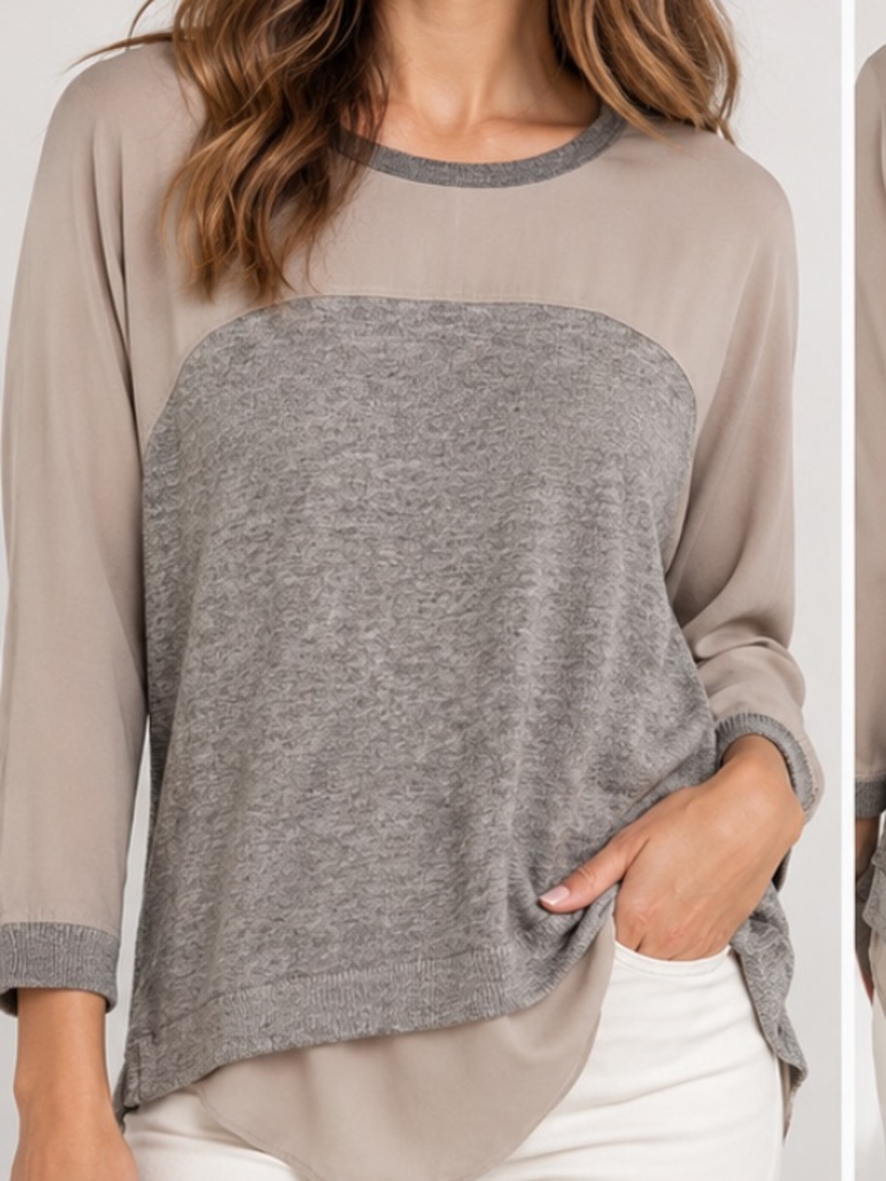 Jigsaw Two-Tone Cotton & Silk Knit Top Mixed Media Sz Medium Taupe Gray Luxury